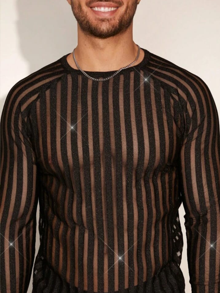 BONGA-BOYS Men's Striped Sexy crew Neck Long sleeve TShirt